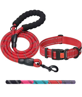 Ladoogo Heavy Duty Dog Leash - Comfortable Padded Handle, 5 ft Long - Dog Leashes for Small Medium Large Dogs (Leash+Collar M Neck 16-20, Red)