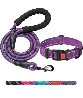 Ladoogo Heavy Duty Dog Leash - Comfortable Padded Handle, 5 ft Long - Dog Leashes for Small Medium Large Dogs (Leash+Collar M Neck 16-20, Purple)