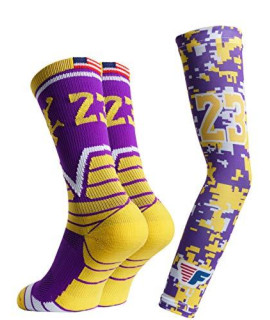 Forever Fanatics Youth Boys Basketball Socks Sports Athletic crew Socks with Basketball Arm Sleeve - Made in USA (23 Purplegold, Youth (US 6-11))