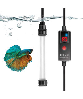 PULACO 25W Mini Aquarium Heater with External Controller & LED Temperature Display, Adjustable Submersible Betta Fish Tank Thermostat