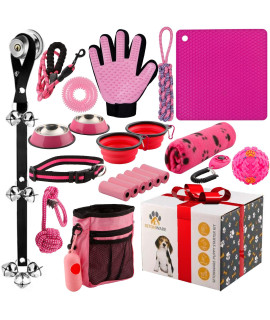 Puppy Starter Kit - Supplies, Accessories, 23 pc Set with Feeding Bowls, Lick Mat, Teaching Aids, Leash, Collar, Toys, Potty Training Bells & More for New Girl Dogs, Pink