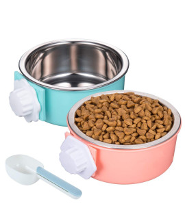 Linifar Crate Dog Bowl, Removable - 2 Pack of Stainless Steel Hanging Pet Holder Cat Cage Food Bowl & Kennel Water Feeder with Food Spoon for Puppy Bird Ferret Guinea Pig Rat Chinchilla