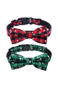 Malier 2 Pack Dog Collar with Bow tie, Christmas Classic Plaid Snowflake Dog Collar with Light Adjustable Buckle Suitable for Small Medium Large Dogs Cats Pets (Large, Red + Green)