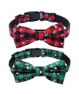 Malier 2 Pack Dog Collar with Bow tie, Christmas Classic Plaid Snowflake Dog Collar with Light Adjustable Buckle Suitable for Small Medium Large Dogs Cats Pets (Large, Red + Green)