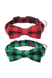 Malier 2 Pack Dog Collar with Bow tie, Christmas Classic Plaid Pattern Dog Collar with Light Adjustable Buckle Suitable for Small, Medium Large Dogs Cats Pets (Small, Red + Green)
