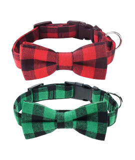 Malier 2 Pack Dog Collar with Bow tie, Christmas Classic Plaid Pattern Dog Collar with Light Adjustable Buckle Suitable for Small Medium Large Dogs Cats Pets (Large, Red + Green)