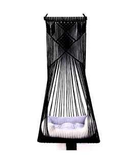 Doralus cat Bed cat Hammock Macrame cat Swing Bed cat cage cotton Rope Hanging cat House cats Toy Tassel Basket Tapestry (Black, Swing Bed+cushion)