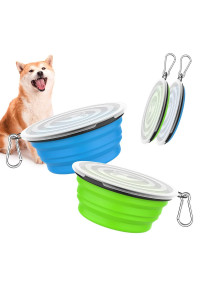 Pawaboo Collapsible Dog Bowls 2 Pack, Silicone Feeding Watering Bowls with Lids & Carabiners for Dogs Cats, Portable Water Feeder Food Bowl for Walking Traveling Home Use, 1000ml, Blue + Green