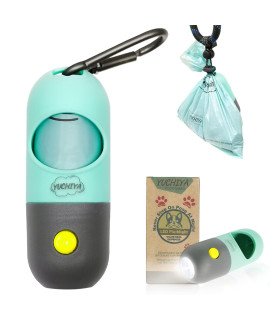 Dog Poop Bags Holder with LED FlashlightPet Waste Bags Dispenser for LeashDoggie Potty Bags Container with Leak-proof Pet Trash Bags and Accessories (1 Holder 15 Bags, Mint Green)