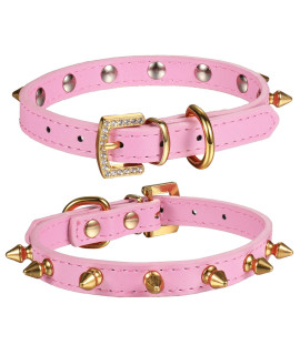 LOVPE One Row Golden Spiked Studded Leather Dog Collar/Cat Collar with Golden Rhinestone Buckle for Small Dog/Cat Puppy Kitty (S(Neck for:11-13 Inch), Pink)