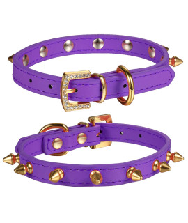LOVPE One Row Golden Spiked Studded Leather Dog Collar/Cat Collar with Golden Rhinestone Buckle for Small Dog/Cat Puppy Kitty (XS(Neck for:8-11 Inch), Purple)