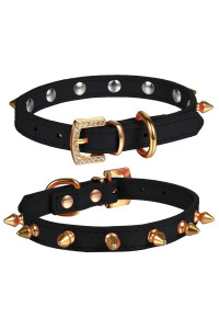 LOVPE One Row Golden Spiked Studded Leather Dog Collar/Cat Collar with Golden Rhinestone Buckle for Small Dog/Cat Puppy Kitty (XS(Neck for:8-11 Inch), Black)