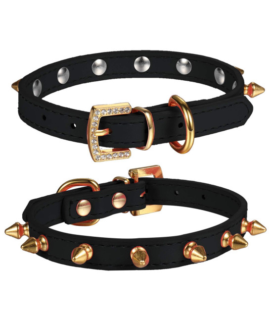 LOVPE One Row Golden Spiked Studded Leather Dog Collar/Cat Collar with Golden Rhinestone Buckle for Small Dog/Cat Puppy Kitty (XS(Neck for:8-11 Inch), Black)
