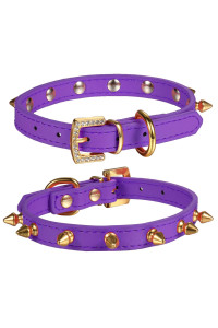 LOVPE One Row Golden Spiked Studded Leather Dog Collar/Cat Collar with Golden Rhinestone Buckle for Small Dog/Cat Puppy Kitty (S(Neck for:11-13 Inch), Purple)