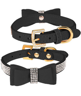 LOVPE Crystal Dog Collar/Cat Collar Velvet Leather with Bow-Knot Tie Rhinestone Puppy/Kitten Collars for Small Dogs & Cats (S(Neck for:10-13 Inch), Black)