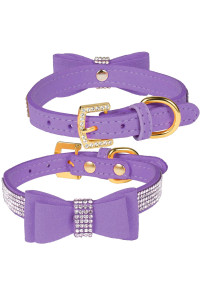 LOVPE Crystal Dog Collar/Cat Collar Velvet Leather with Bow-Knot Tie Rhinestone Puppy/Kitten Collars for Small Dogs & Cats (S(Neck for:10-13 Inch), Purple)