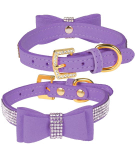 LOVPE Crystal Dog Collar/Cat Collar Velvet Leather with Bow-Knot Tie Rhinestone Puppy/Kitten Collars for Small Dogs & Cats (S(Neck for:10-13 Inch), Purple)