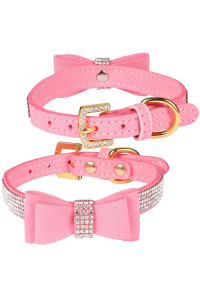 LOVPE Crystal Dog Collar/Cat Collar Velvet Leather with Bow-Knot Tie Rhinestone Puppy/Kitten Collars for Small Dogs & Cats (S(Neck for:10-13 Inch), Pink)