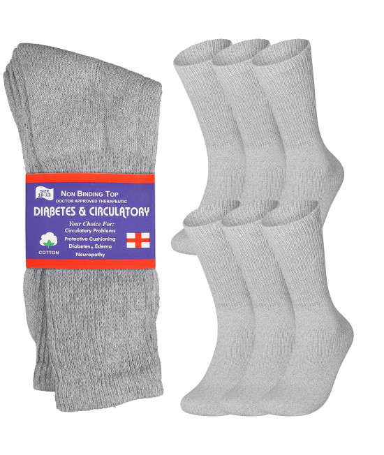 Special Essentials 6 Pairs Non-Binding grey cotton Diabetic crew Socks With Extra Wide Top For Men and Women gray 13-15