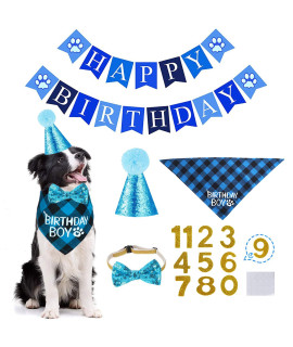 STMK Dog Birthday Bandana, Dog Birthday Party Set, Dog Birthday Boy Bandana Triangle Scarf with Cute Dog Birthday Number Hat Dog Birthday Banner for Dog Birthday Party Supplies (Light Blue)