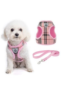 KOOLTAIL Small Dog Harness and Lead Set, Soft Mesh Plaid Puppy Harness with Safety Buckle, Adjustable & Comfortable Padded Reflective Vest for Puppies and Small Breeds Dogs Walking,Pink,X-Small