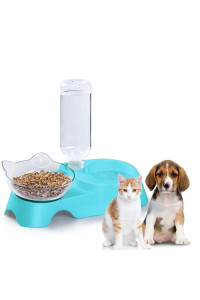 MILIFUN Double Dog Cat Bowls - Pets Water and Food Bowl Set, 15?Tilted Water and Food Bowl Set with Automatic Waterer Bottle for Small or Medium Size Dogs Cats (Blue)