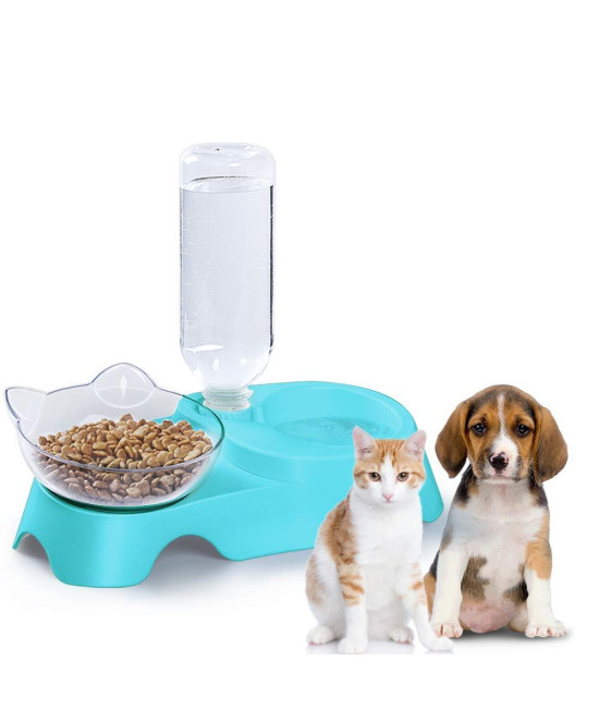 MILIFUN Double Dog Cat Bowls - Pets Water and Food Bowl Set, 15?Tilted Water and Food Bowl Set with Automatic Waterer Bottle for Small or Medium Size Dogs Cats (Blue)
