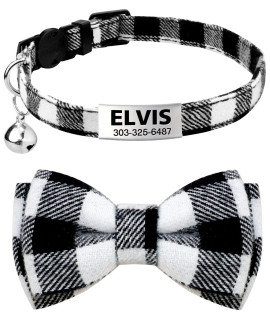 TagME Personalized Cat Collar, Breakaway Tartan Kitten Collar with Cute Bow Tie & Bell, Stainless Steel Slide-on Pet ID Tag Engraved with Name & Phone Numbers, Black 1 Count (Pack of 1)