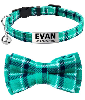 TagME Personalized Cat Collar, Breakaway Tartan Kitten Collar with Cute Bow Tie & Bell, Stainless Steel Slide-on Pet ID Tag Engraved with Name & Phone Numbers, Teal 1 Count (Pack of 1)
