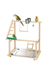 Ibnotuiy Pet Parrot Playstand Parrots Bird Playground Bird Play Stand Wood Perch Gym Playpen Ladder with Feeder Cups Bells for Cockatiel Parakeet (2 Layers)