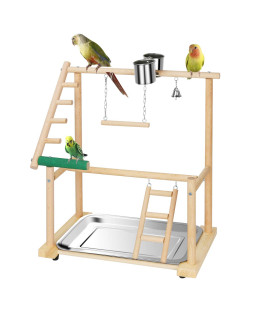 Ibnotuiy Pet Parrot Playstand Parrots Bird Playground Bird Play Stand Wood Perch Gym Playpen Ladder with Feeder Cups Bells for Cockatiel Parakeet (2 Layers)