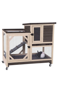 Aivituvin Rabbit Hutch Rabbit Cage Indoor Bunny Hutch with Run Outdoor Rabbit House with Two Deeper No Leak Trays - 4 Casters Include (Without Bottom Wire Netting)