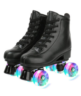 Womens Roller Skates Artificial Leather Adjustable Double Row 4 Wheels Roller Skates Shiny High-Top Outdoor Roller Skate for Teens,Adult (Black Flash Wheel, 41US 10)