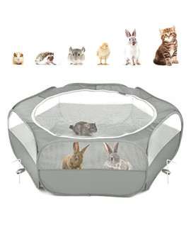 Pawaboo Small Animals Playpen, Breathable & Waterproof Small Pet cage Tent with Zippered cover, Portable Outdoor Yard Fence for KittenPuppyguinea PigRabbitsHamsterchinchillas, Light gray