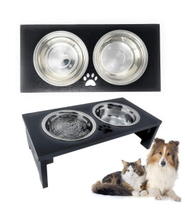 Research Labs Modern & Elegant Bamboo Elevated Small Dog Bowls/Cat Bowls. Durable & Beautiful Raised Pet Feeder Bowl Stand w/ 2 Stainless Steel Food & Water Bowls. Perfect for Smaller Pets, Black