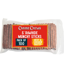 Canine Chews 5 Munchy Rawhide Sticks for Small Dogs Munchy Dog Treat Sticks 100 Pack (Beef & Chicken)