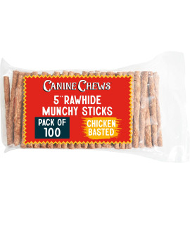 Canine Chews 5 Munchy Rawhide Sticks for Small Dogs Munchy Dog Snack Sticks 100 Pack (Chicken)