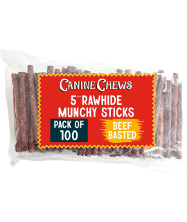 Canine Chews 5 Munchy Rawhide Sticks for Small Dogs Munchy Dog Treat Sticks 100 Pack (Beef)