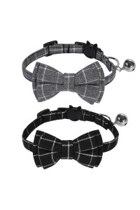 SLSON 2 Pack Breakaway Cat Collar with Bell and Bow Tie Plaid Kitten Collar for Cats and Small Dogs Pets Adjustable from 8-11In, Black and Grey