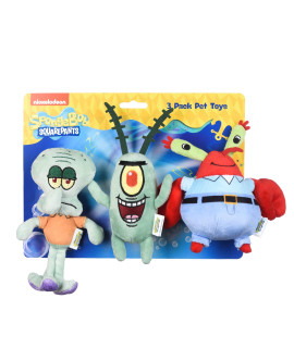 SpongeBob SquarePants for Pets 3 Piece Squidward, Plankton, and Mr. Krabs Figure Plush Dog Toy 6 Inch Small Dog Toys for Spongebob Fans Squeaky Dog Toys for All Dogs