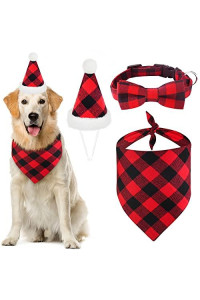Malier 3 Pack Dog Christmas Bandana Colllar and Hat Set, Classic Plaid Dog Scarf Triangle Bibs Kerchief and Dog Collar with Bow Tie Set for Small Large Dogs Pets (Red & Black Plaid, Large)