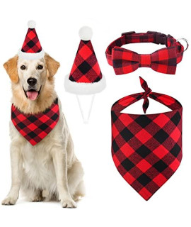 Malier 3 Pack Dog Christmas Bandana Colllar and Hat Set, Classic Plaid Dog Scarf Triangle Bibs Kerchief and Dog Collar with Bow Tie Set for Small Large Dogs Pets (Red & Black Plaid, Large)