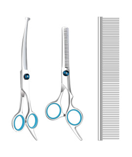 Maxshop Dog Grooming Scissors with Safety Round Tips, Heavy Duty Titanium Pet Grooming Trimmer Kit, Professional Thinning Shears, Curved Scissors with Comb for Dogs and Cats (Set of 3)