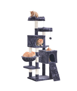 Hey-brother 58'' Multi-Level Cat Tree Condo Furniture with Sisal-Covered Scratching Posts, 2 Plush Condos, Hammock for Kittens, Cats and Pets Smokey Gray MPJ013G