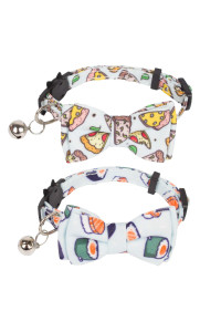 ADOGGYGO Cat Collar Breakaway with Cute Bow Tie Bell - 2 Pack Kitten Collar with Removable Bowtie Sushi Donuts Hamburg Pizza Pattern Cat Bow tie Collar for Cat Kitten (Pizza & Sushi)
