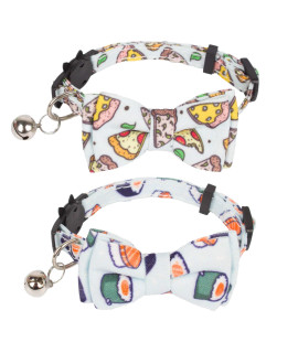 ADOGGYGO Cat Collar Breakaway with Cute Bow Tie Bell - 2 Pack Kitten Collar with Removable Bowtie Sushi Donuts Hamburg Pizza Pattern Cat Bow tie Collar for Cat Kitten (Pizza & Sushi)