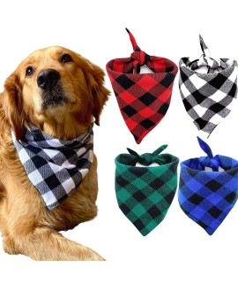 Realeaf Dog Bandanas 4 Pack, Plaid Pet Scarves Reversible Checkered Kerchief Classic Triangle Dog Bibs Costume Decoration Accessories for Medium Large Pets