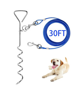Dog Tie Out Cable and Anti Rust Spiral Stake , 30ft Outside Leash&Chain for Camping and Yard, 16'' Heavy Duty for Medium-Large Dogs Up to 125 lbs (30FT, Blue)
