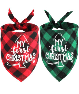 2 Pack My First Christmas Dog Bandana, Dog Bandana Christmas for Puppy Small Medium Large Dogs Cats Pets Outfit Classic Plaid Pets Scarf Triangle Bibs Merry Christmas Bandana Santa Costume Accessories