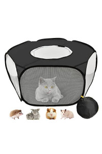 JIMEJV Guinea Pig Playpen, Waterproof Small Animals Playpen with Anti Escape Cover Portable Cat Playpen Breathable Indoor/Outdoor Yard Exercise Cage Tent for Hamster Puppy Chinchillas Rabbits(Black)